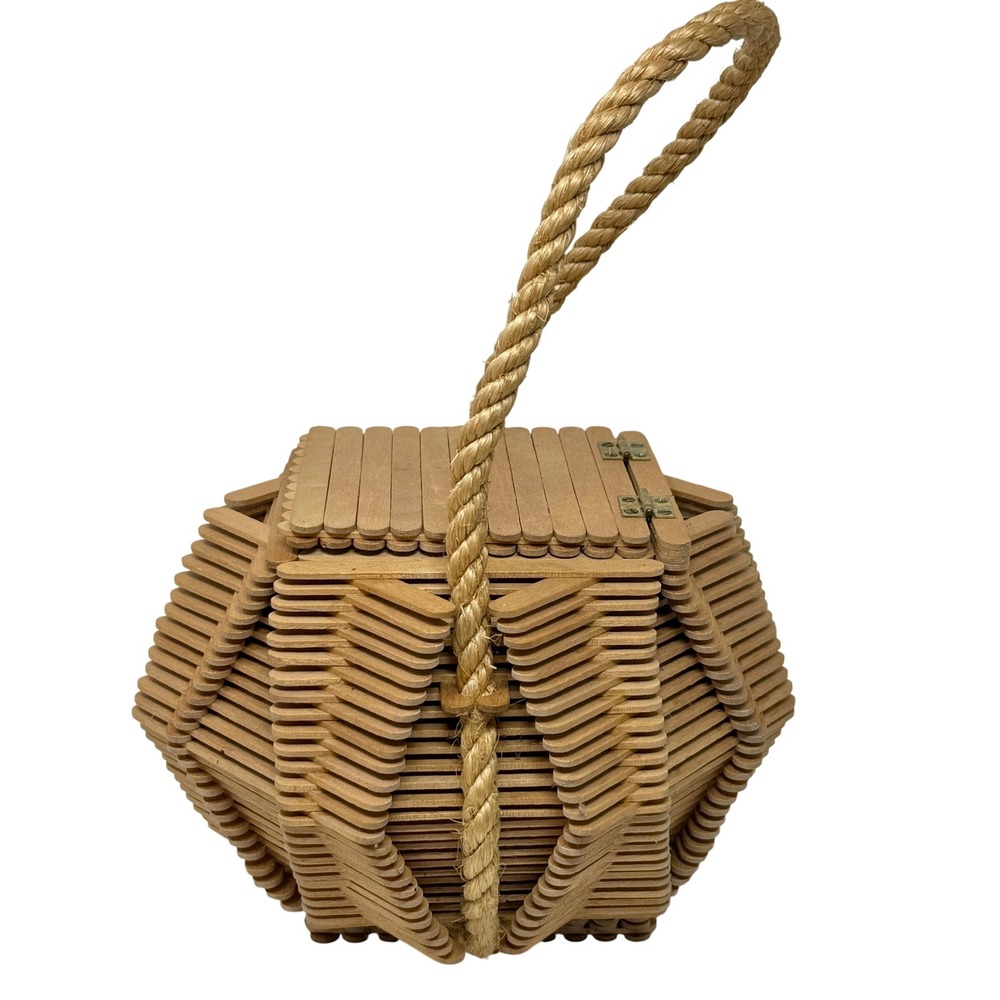 Popsicle Stick‎ Tramp Art Box Bag Novelty Wood Purse Handmade Basket Storage - Picture 7 of 9
